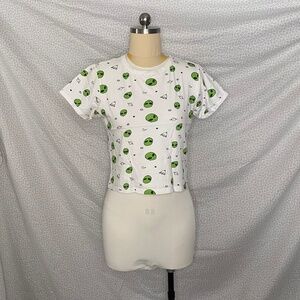 White Green Alien Print Cropped Tee Shirt Sci-Fi Cosmos Ship Stars Planet Moon